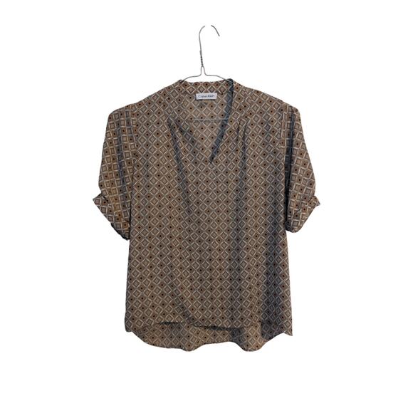 Calvin Klein Tops - Calvin Klein Womens XS Brown Black Grid Print Blouse Button Front Top EUC
